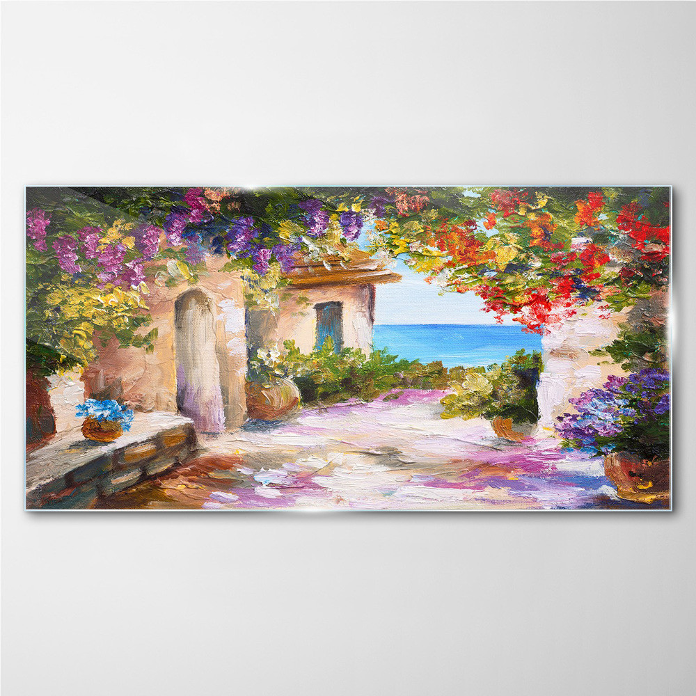 PL Coloray Obraz na Szkle kwiaty domy pejzaż morski 100x50cm