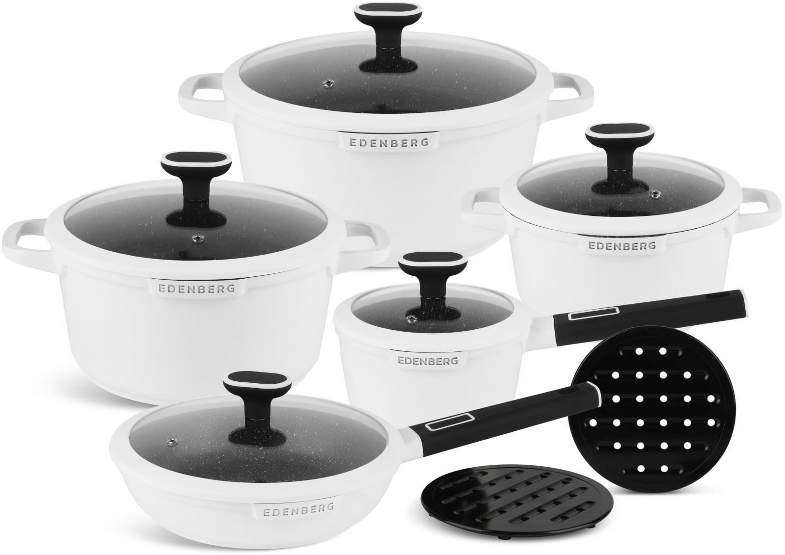 Edenberg Zestaw garnków marmurowych z rondlem, patelnią i podkładkami EB-5646
