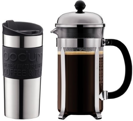 Bodum czajnik do kawy (poj. 8 filiżanek) i kubek podróżny 0,35 l, stal nierdzewna i silikon, kolor czarny K11068-01