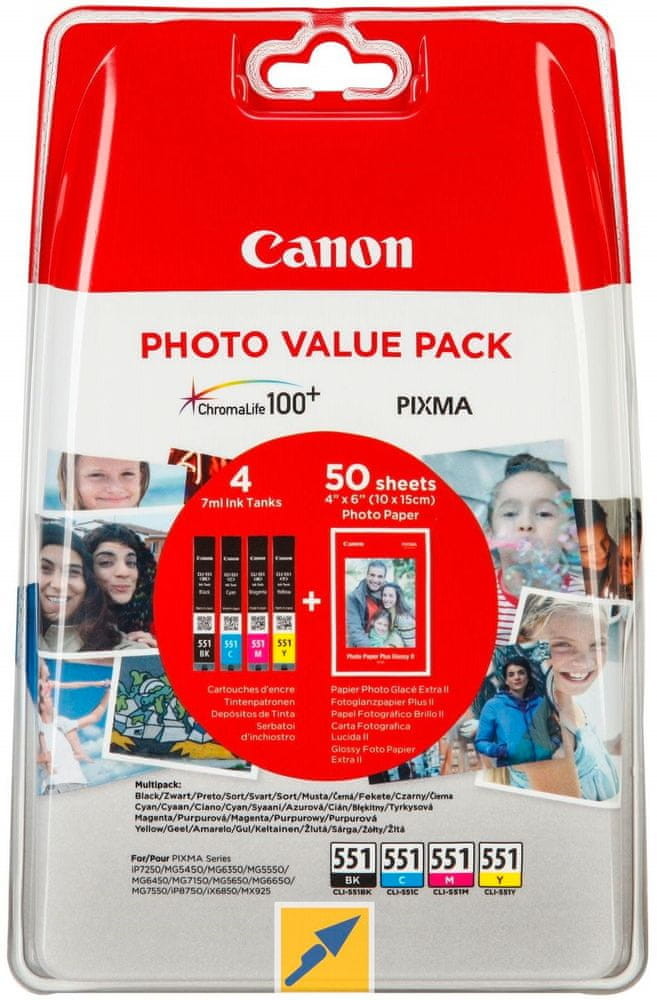 Canon CLI 551CMYBK Multipack + papier fotograficzny 50x PP 201 6508B005) kolor
