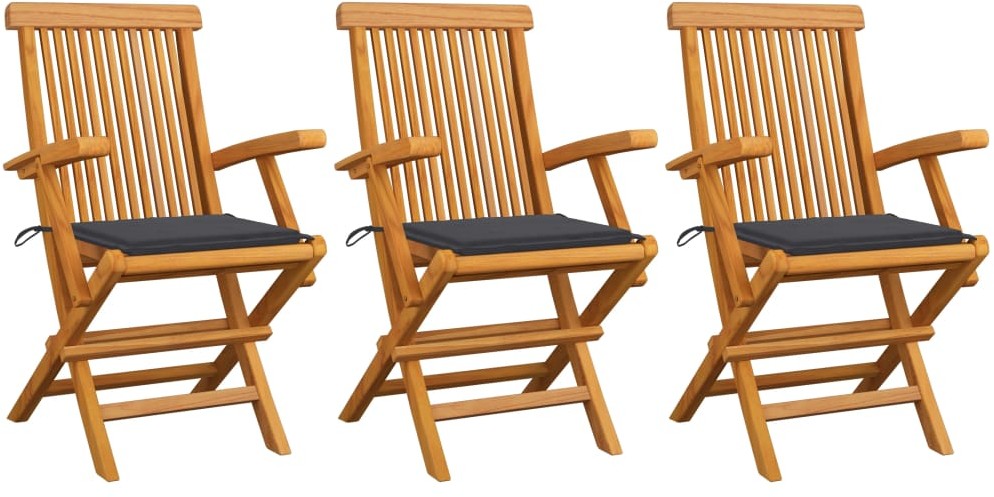 vidaXL Krzesła ogrodowe, antracytowe poduszki, 3 szt., drewno tekowe