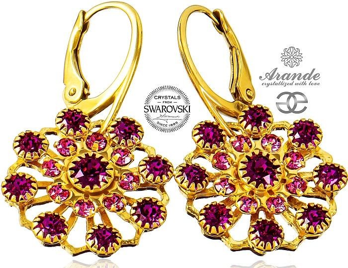 Swarovski KOLCZYKI UNIKAT FUCHSIA FLOW GOLD ZŁOTE SREBRO
