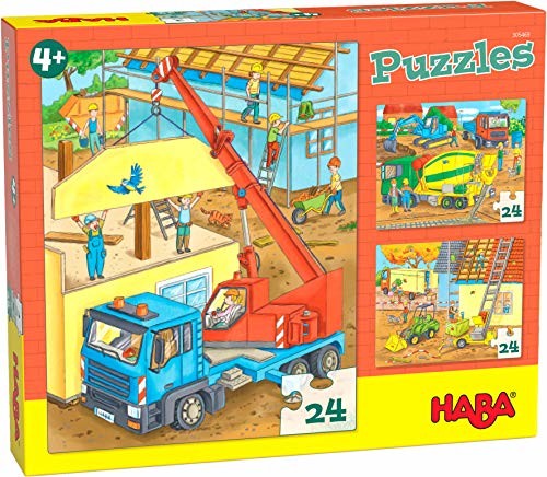 Haba 305469 puzzle na placu budowy, kolekcja puzzli z 3 motywami plac budowy, dla dzieci od 4 lat, puzzle budowlane z 24 częściami do treningu koncentracji i motoryki precyzyjnej 305469