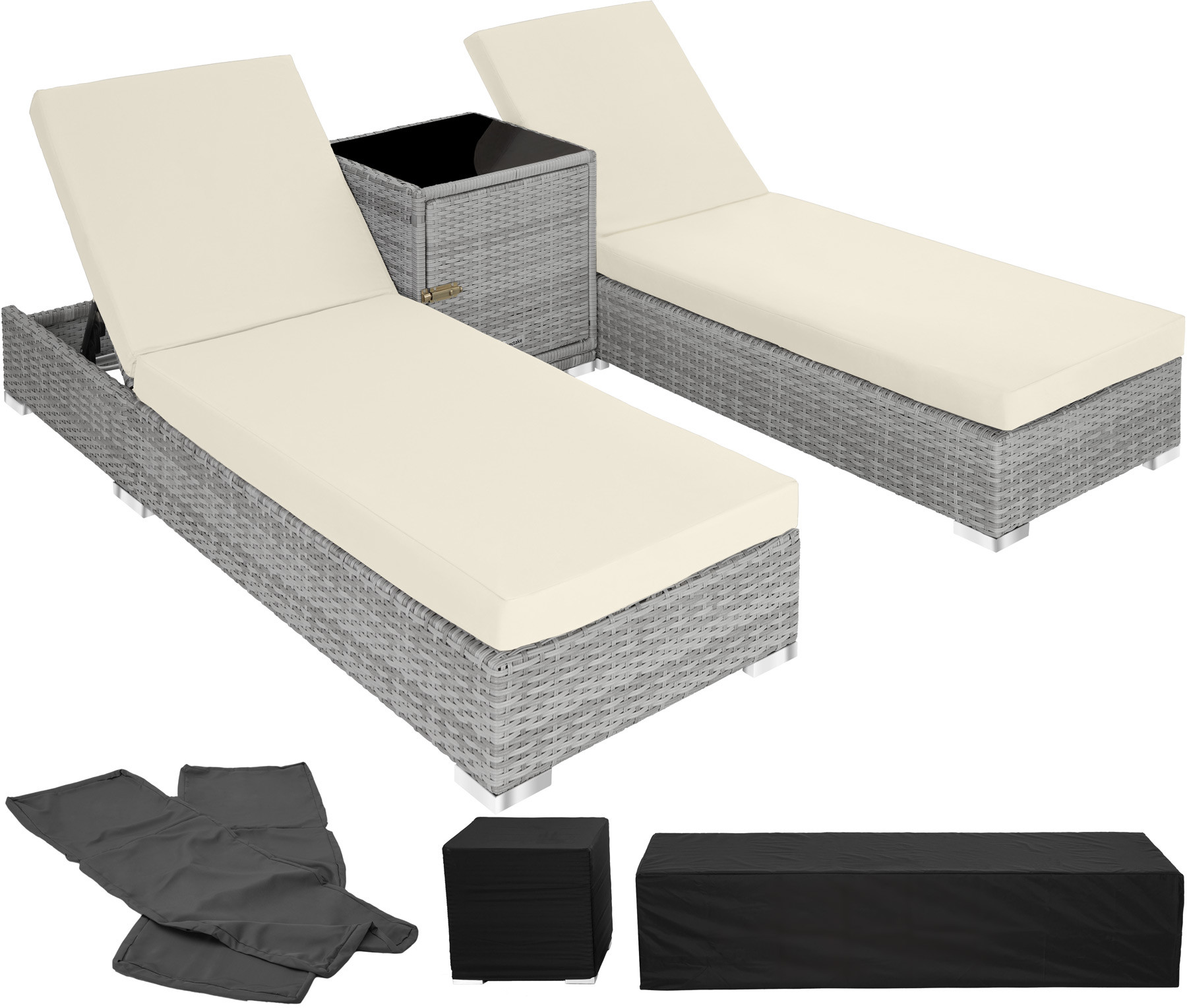 tectake 2 leżaki z technorattanu + stół + pokrowiec, - jasnoszary 403770