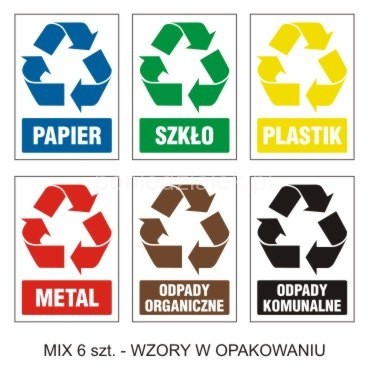 Pn. BU007 Piktogram - ZESTAW NAKLEJEKI NA POJEMNIK NA ODPADY - 6 szt.