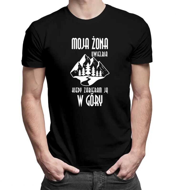 Koszulkowy Moja żona uwielbia, kiedy zabieram ją w góry - męska koszulka z nadrukiem 13666