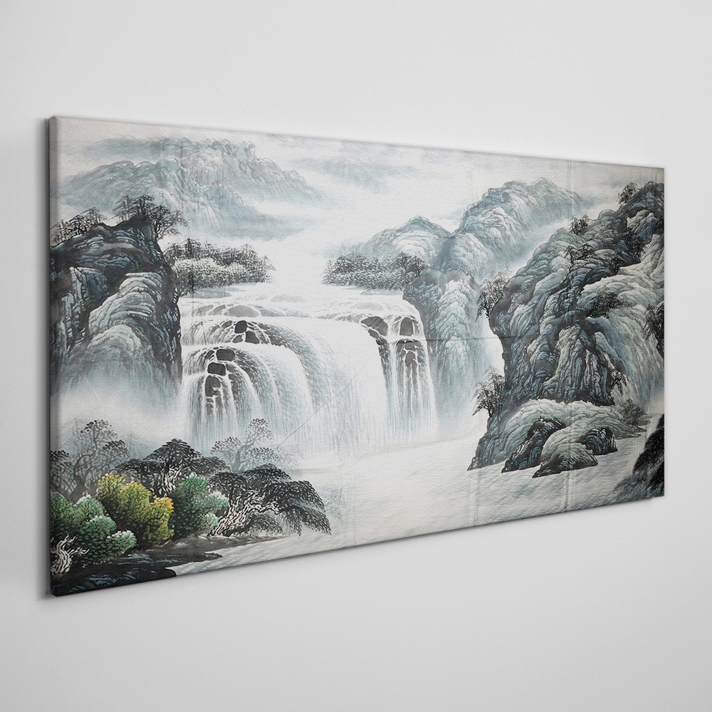 PL Coloray Obraz Canvas Góra Rzeka Wodospad Krzewy 140x70cm