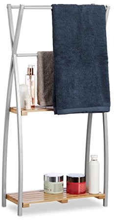 Relaxdays wieszak na ręcznik stojący, X-wzornictwo, 2 półek, stojak na ręcznik łazienkowy, HBT: 93 x 46 x 20 cm, bambus + nierdzewna, naturalny (10021545)