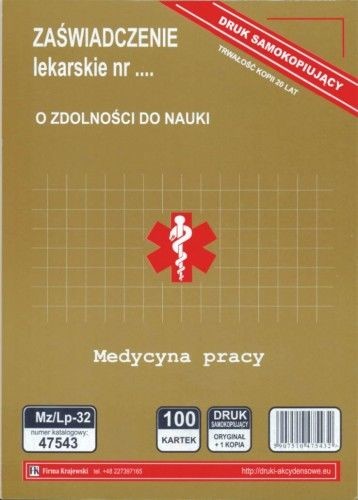 Firma krajewski Zaświadczenie lekarskie dla uczniów szkół ponadgimnazjalnych uczestników kursów i studentów [Mz/Lp-32] Mz/Lp-32