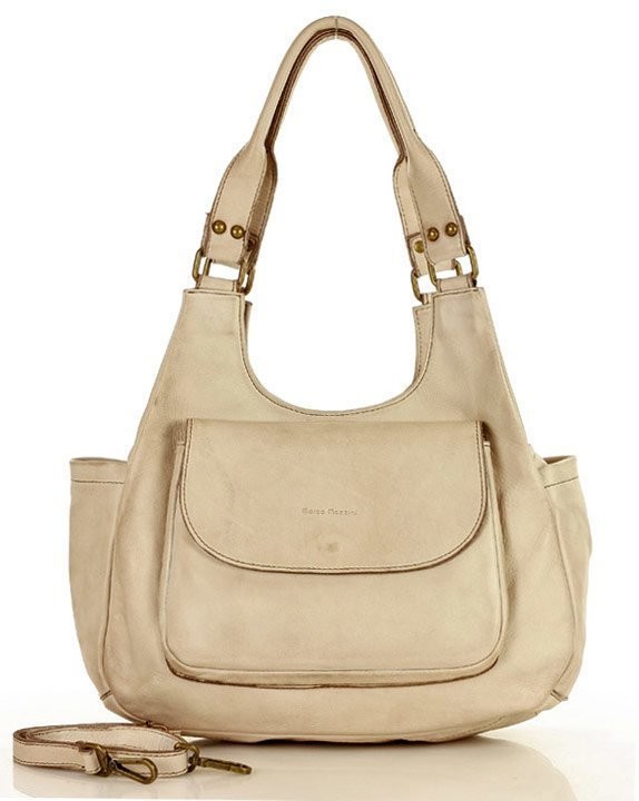 Mazzini Marco handmade Włoska torebka skórzana z kieszenią z przodu retro bag handmade - MARCO beż cappuccino