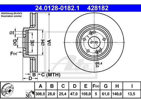 ATE TARCZA HAM 24.0128-0182.1 RENAULT LAGUNA II 2.0 16V 05-, 2.0DCI 06-, 2.2DCI 05-  24.0128-0182.1