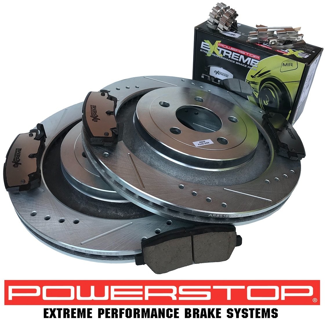 POWERSTOP Tylne klocki + WIERCONE nacinane tarcze hamulcowe POWERSTOP 330mm Ford Mustang 2015 AR85160XPR+Z26-1793