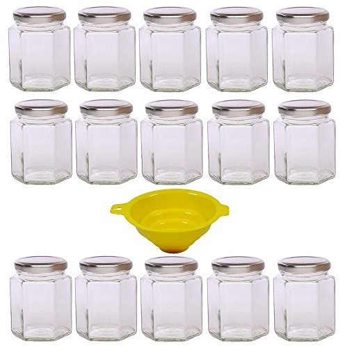 Viva Haushaltswaren VIVA artykuły gospodarstwa domowego 15 słoiki na dżem słoiki 196 ML ze srebrnym kolorze pokrywa, na dżemy, oleje, sól, przyprawy, itp, łącznie z żółtymi lejkiem do napełniania z blokadą #23990#