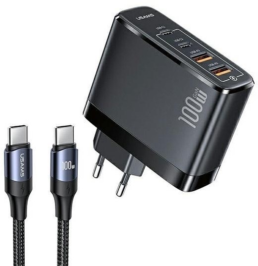 Usams Ładowarka Sieciowa 2xUSB-C+2xUSB T44 100W PD3.0 +QC3.0 Fast Charging + kabel U71 USB-C na USB-C czarny/black UCTZ01 Usa001140