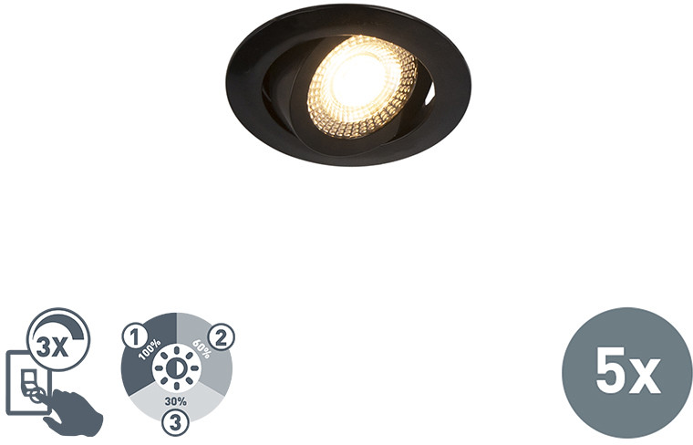 QAZQA Zestaw 5 opraw do wbudowania LED czarny 3-stopniowe ściemnianie - Mio 97876