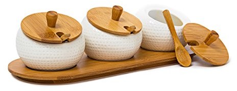 Relaxdays Jiao zestaw pojemników do przypraw, z przykrywką, pasującą łyżeczką i podstawką, materiał: ceramika i bambus, wymiary 8,5 x 30,5 x 12 cm, kolor materiałów: naturalny 10019133