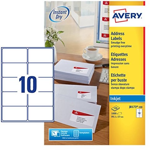 Avery etykiety adresowe do drukarki atramentowej szybko schnie 10 sztuki na arkuszy 99,1 X 57,0 MM 1000 etykiety białe J8173-100