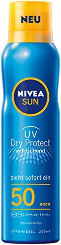 Nivea Sun UV Dry Protect odświeżająca mgiełka LSF 50 (200 ml), ochrona przed słońcem do rozpylania bez klejenia i tłuszczu, spray przeciwsłoneczny o bardzo wysokim wskaźniku ochrony przeciwsłonecznej