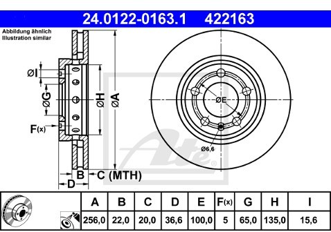 ATE TARCZA HAM 24.0122-0163.1 AUDI A3 S3 QUATTRO 01-/ SEAT TOLEDO II 1.8 20VT 01-06, 2.3 V5 99-01  24.0122-0163.1