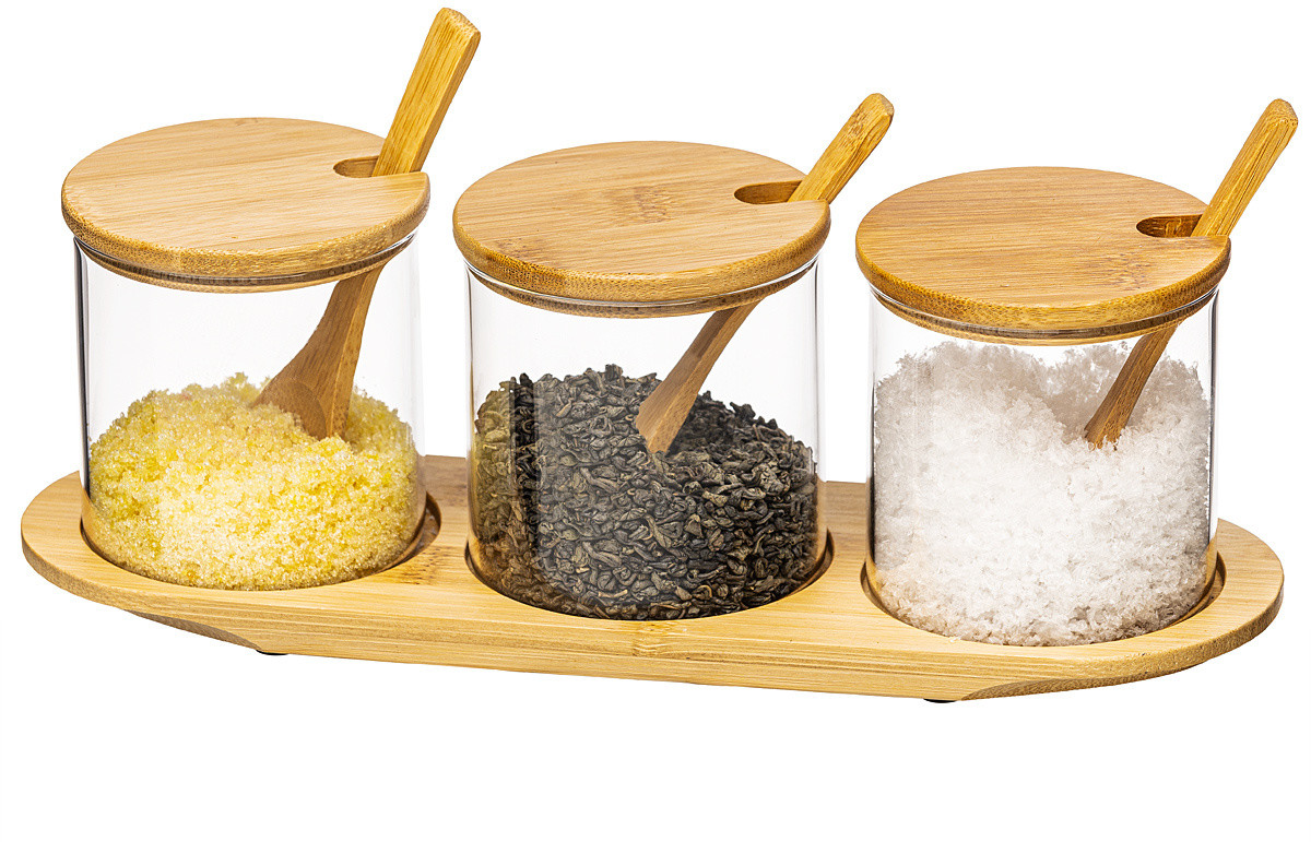 4Home Komplet szklanych pojemników z tacą i łyżeczkami Bamboo, 310 ml