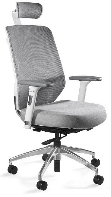 Unique Meble Krzesło biurowe ergonomiczne z zagłówkiem HERO - biały/siatka i tkanina szara