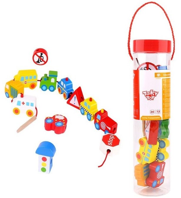 Tooky Toy TOOKY TOY Klocki Koraliki Przeplatanka do Nawlekania Sznurek Pojazdy Samochody 12 el. TKB512-B