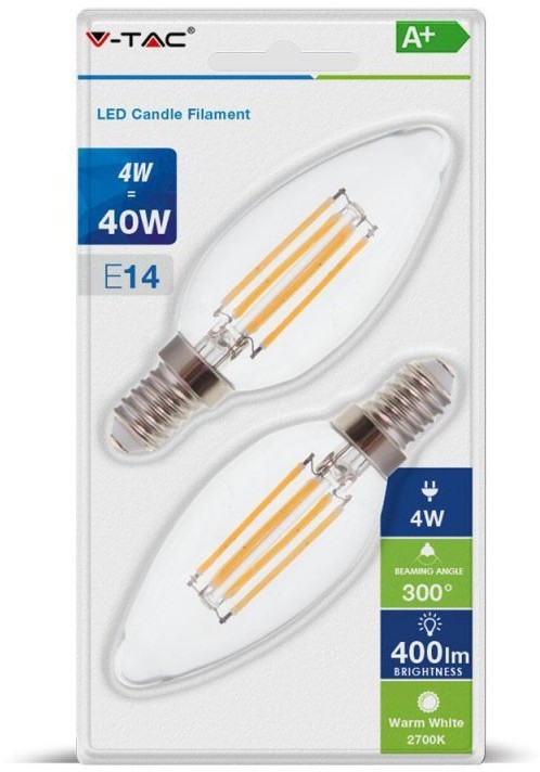 V-TAC Żarówka LED 4W Filament E14 Świeczka Przezroczysta (Blister 2szt) VT-2174 2700K 400lm