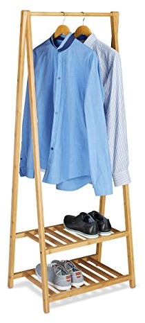 Relaxdays wieszak na ubrania z bambusa, 2 półki na buty, drążek na ubrania, wys. x szer. x głęb. 150 x 60 x 40 cm, wieszak stojący na ubrania, mały, naturalny 10020270