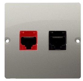 Kontakt Simon Kontakt_Simon Gniazdo komputerowe RJ45 kat.5e + telefoniczne RJ12 (moduł). Montaż gniazda na wkręty do puszki satynowy BM5T.02/29