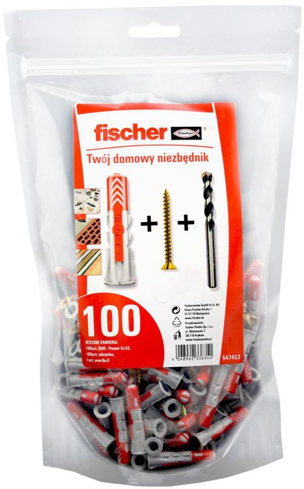 Fischer DUOPOWER Kołek uniwersalny 6X30MM S K NV DUOPOWER 100 szt. + WIERTŁO