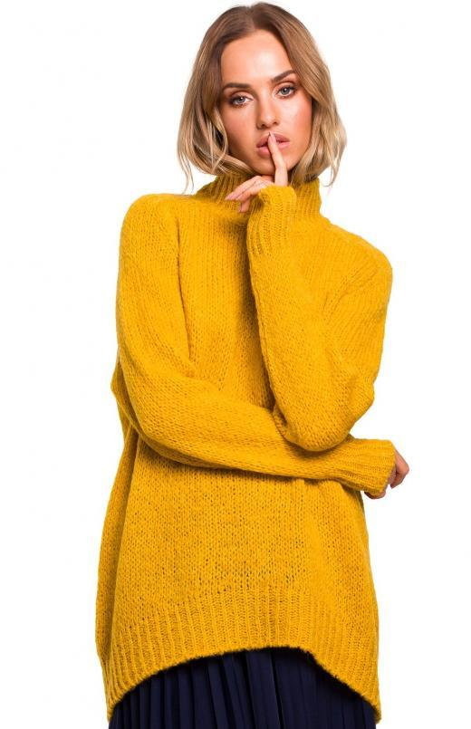 SukienkiShop Sweter damski oversize asymetryczny sweter z wełną żólty - SukienkiShop