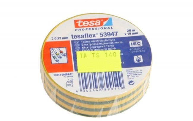 Tesa Taśma elektroizolacyjna 5000V PVC zielono-żółta, długość 20 m, szerokość 19 mm (53948-00099-25)