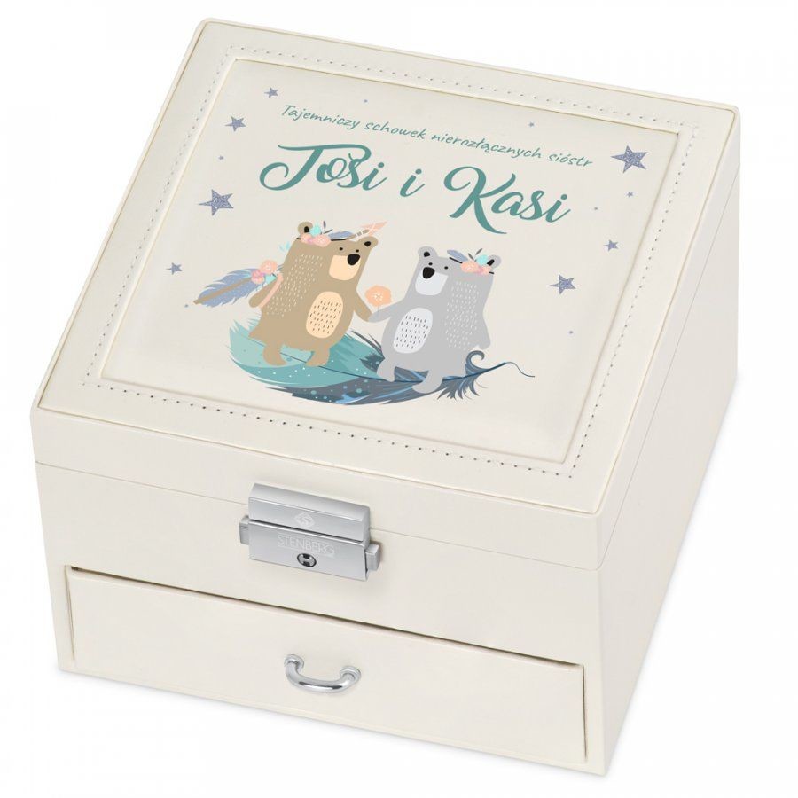 Murrano Szkatułka na Biżuterię Kremowa z Nadrukiem Misie SZKT-BB-018