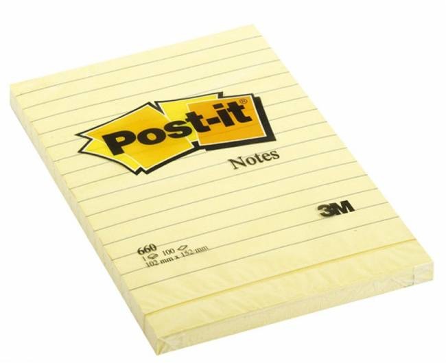 Post-it Bloczek żółty 102 X 152 mm w linie 100 kartek samoprzylepny X02537 NB-7634