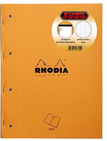 Rhodia 118315C 3 bloki z boku, zszywane, 80 arkuszy, oddzielne i perforowane, 4 otwory, 22,3 x 29,7 cm, 80 g, w kratkę, kolor pomarańczowy 118315C