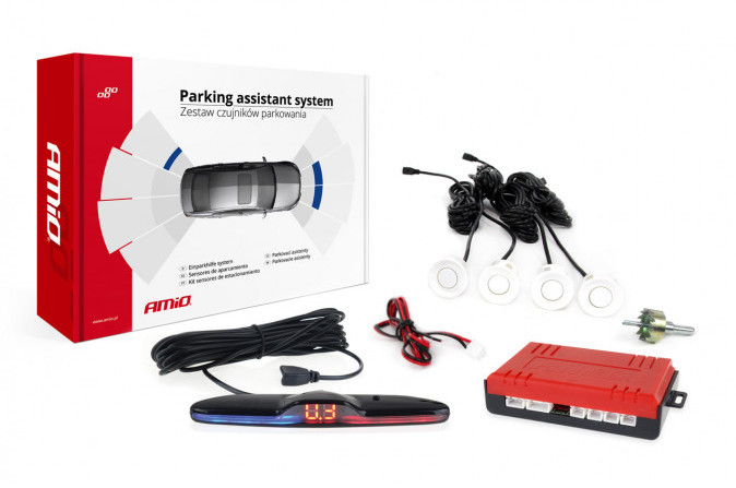 AMiO Zestaw czujników parkowania cofania max led 4 sensory białe AMI-02289