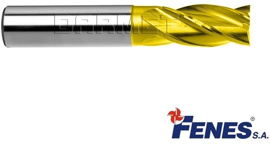 FENES Frez 4-ostrzowy trzpieniowy, krótki o ostrzach centralnych z chwytem walcowym DIN844-A K-M-N, HSS-E TiN Golden Line - 12MM - FEN_0641-516-101-620
