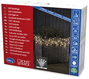 Konstsmide 3813 102 Micro LED łańcuch świetlny, mroźny/na zewnątrz (IP44)/200 ciepłe białe diody/zewnętrzny transformator 30 V/biały przewód 3813-102
