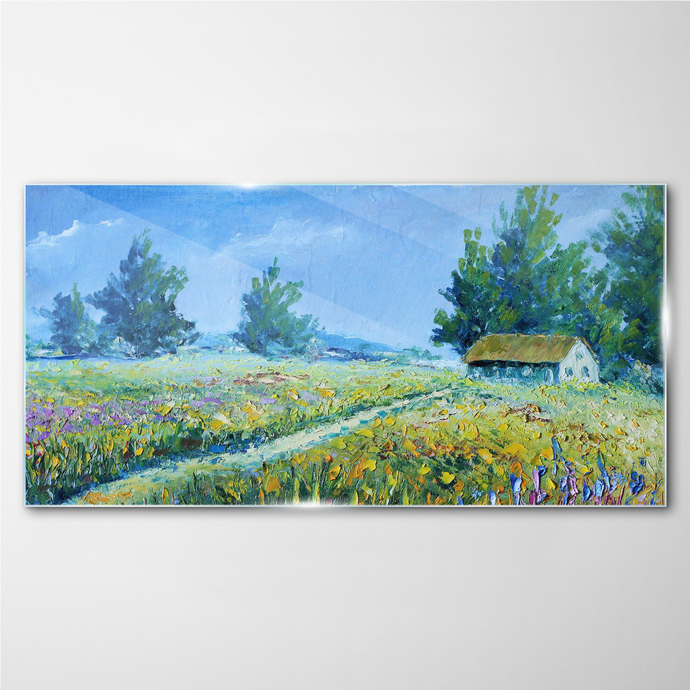 PL Coloray Obraz Szklany wieś krajobraz kwiaty chata 140x70cm