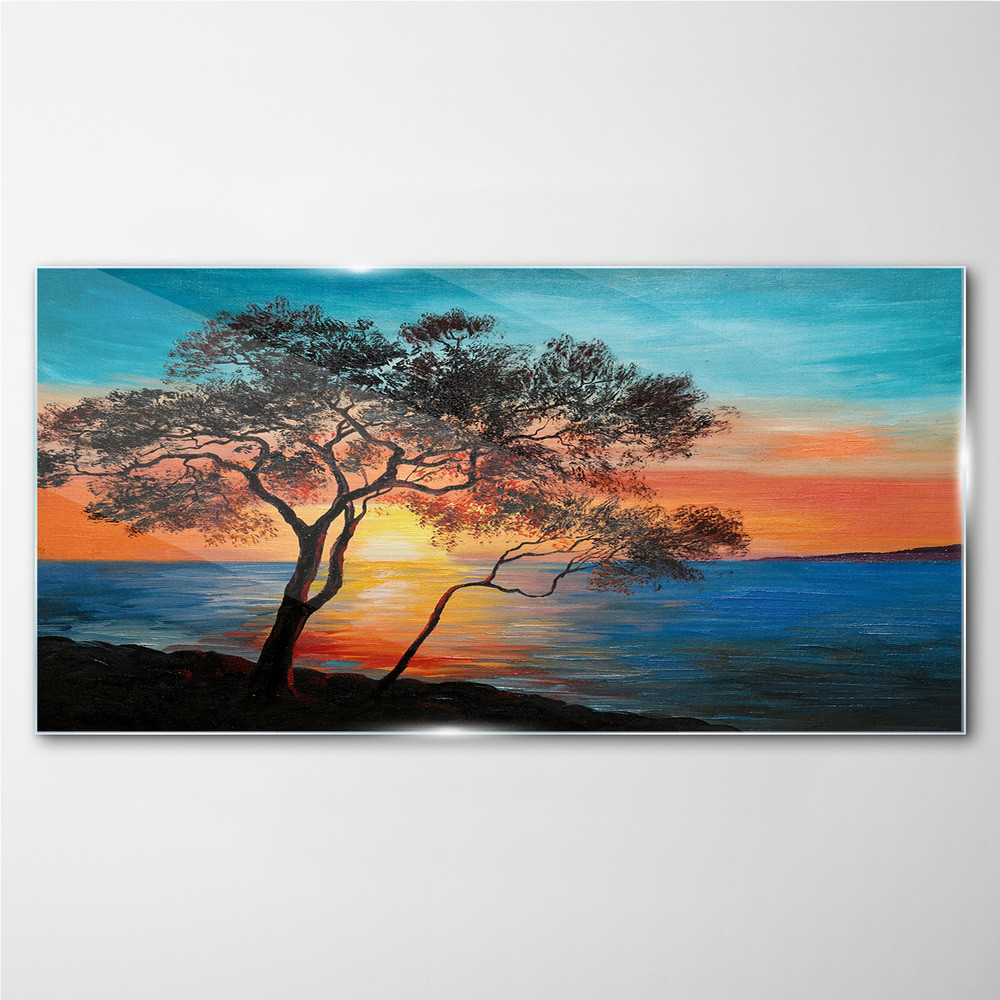 PL Coloray Obraz na Szkle drzewo morze zachód słońca 100x50cm