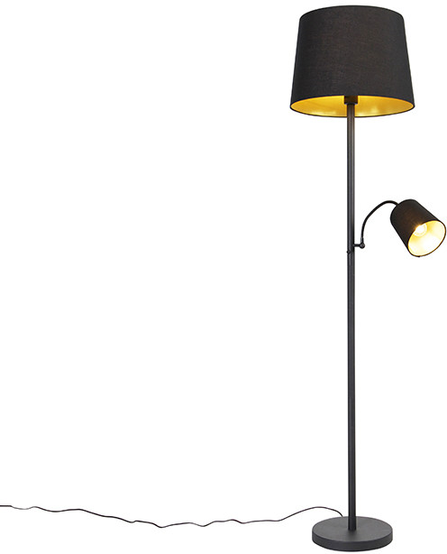 QAZQA Klasyczna lampa podłogowa czarna ze złotem i lampką do czytania - Retro