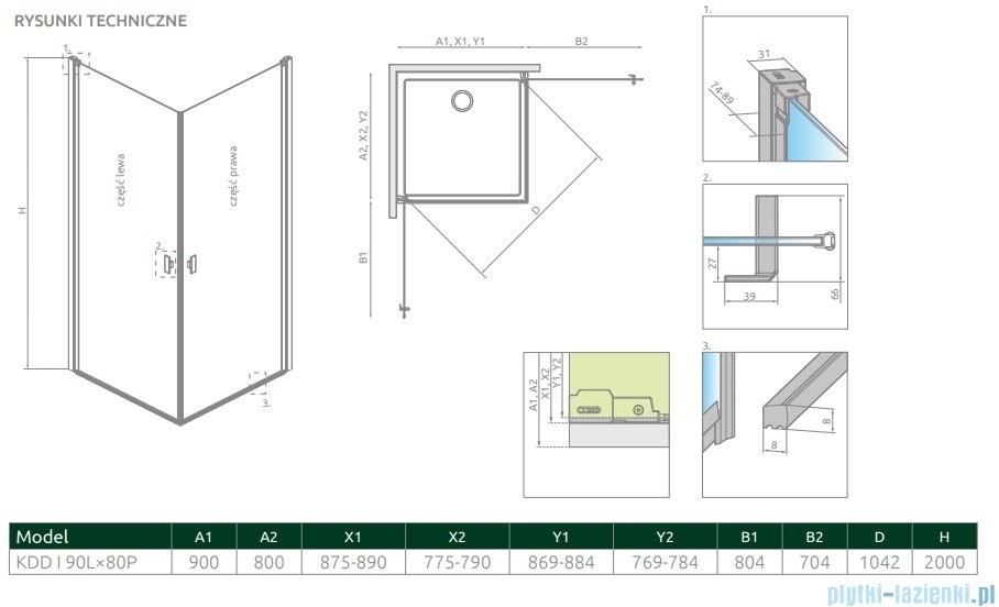 Radaway Nes 8 Black Kdd I 90x80 10071090-54-01L/10071080-54-01R