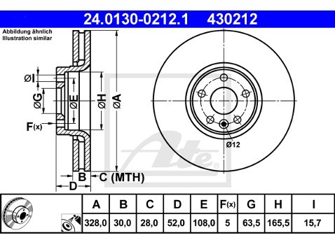 ATE TARCZA HAM 24.0130-0212.1 VOLVO XC60 2.0T 203KM 10-, D3 136KM 12-  24.0130-0212.1