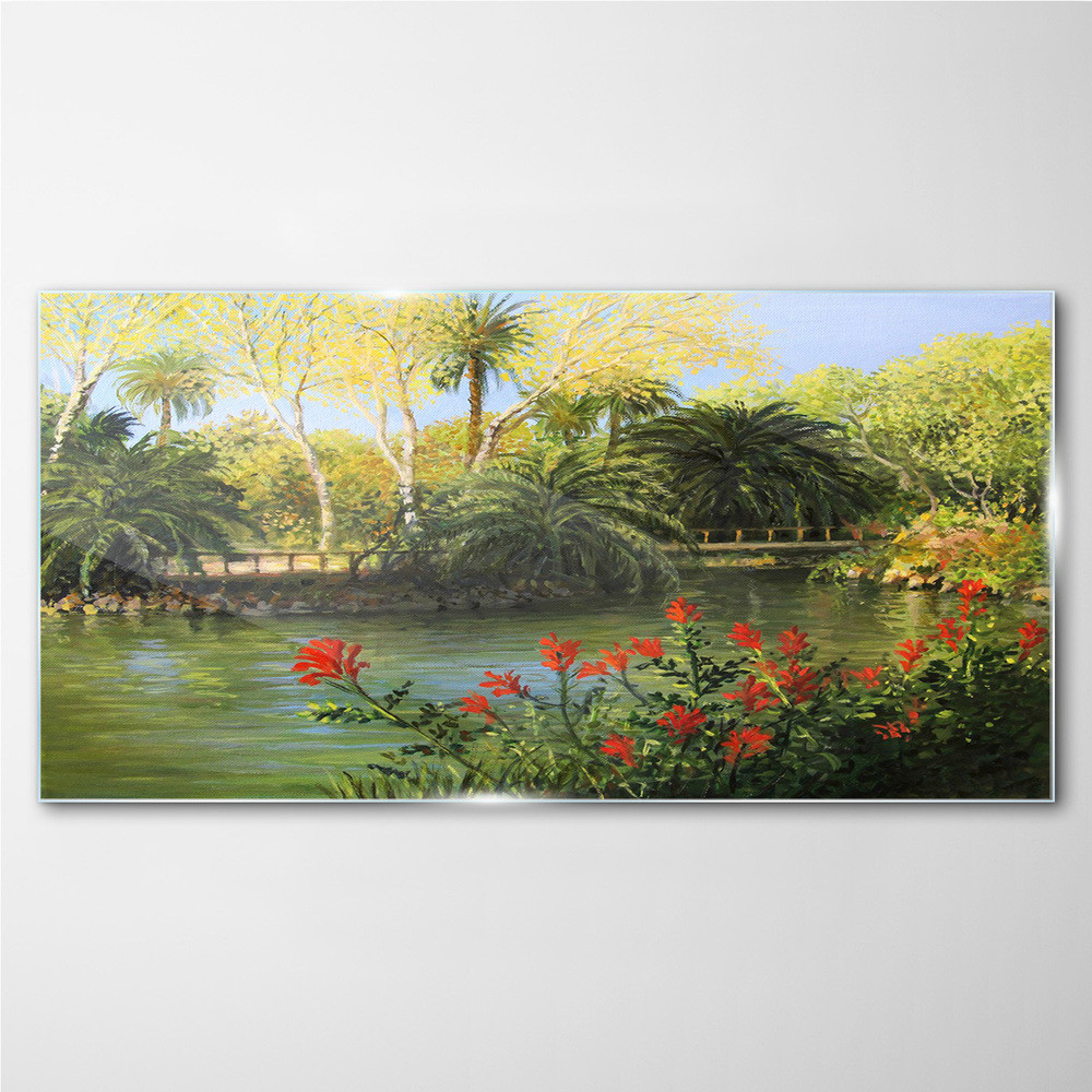 PL Coloray Obraz na Szkle Nowoczesny las rzeka most 100x50cm