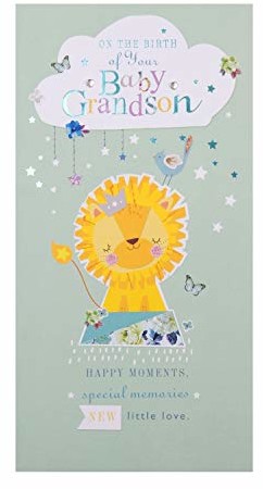 Hallmark Kartka z życzeniami urodzinowymi dla nowego wnuka od Hallmark - uroczy wzór lwa z niebieską folią i dodatkami klejnotów 1591