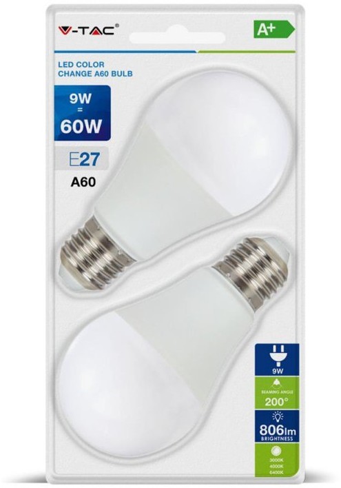 V-TAC Żarówka LED 9W E27 A60 Zmiana Koloru 3xKlik (Blister 2szt) VT-2149 3W1 806lm