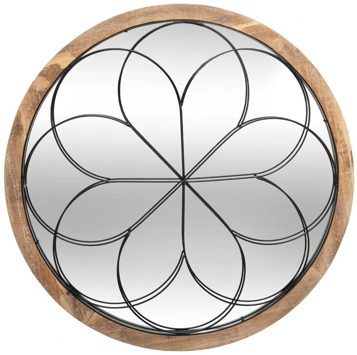 Lustro okrągłe drewniane 64 cm z metalową dekoracją 173829