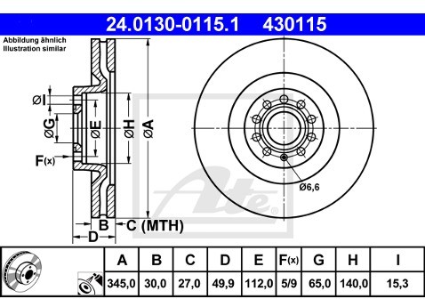 ATE TARCZA HAM 24.0130-0115.1 AUDI A3 1.4TFSI 07-, 1.6, 1.6FSI 03-, 1.8TFSI 06-/ VW GOLF V 1.4FSI, 1.6FSI 03-, PASSAT 1.4TSI 07-  24.0130-0115.1