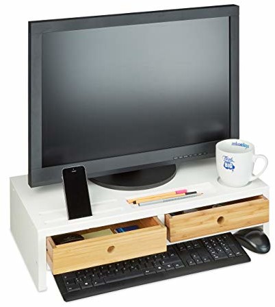 Relaxdays bambusowy stojak na monitor, podwyższenie ekranu z 2 szufladami i półkami, 14 x 60 x 30 cm, biały/naturalny