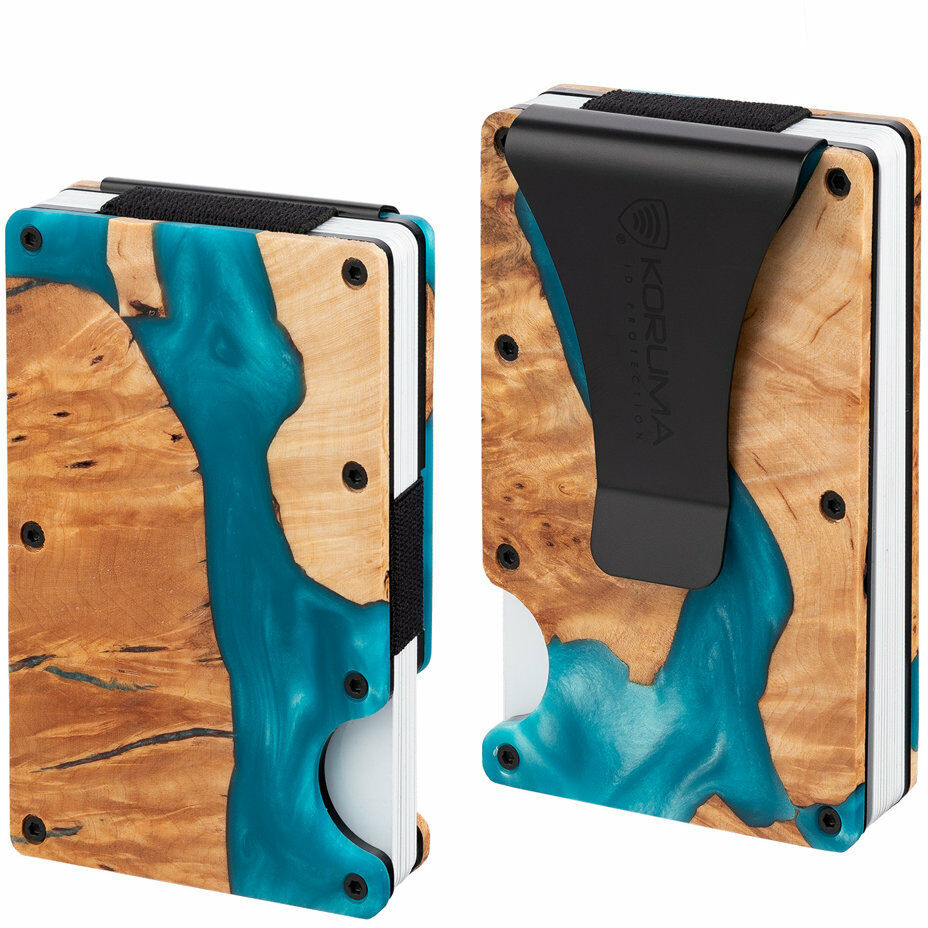 Koruma Aluminiowe etui z klipsem na karty kredytowe (drewno + turkusowa żywica) KUK-65WDTRQ